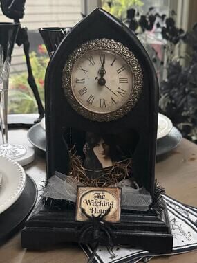NWT Halloween Witch Black Gothic Mantel Faux ClockDecor - The Witching Hour